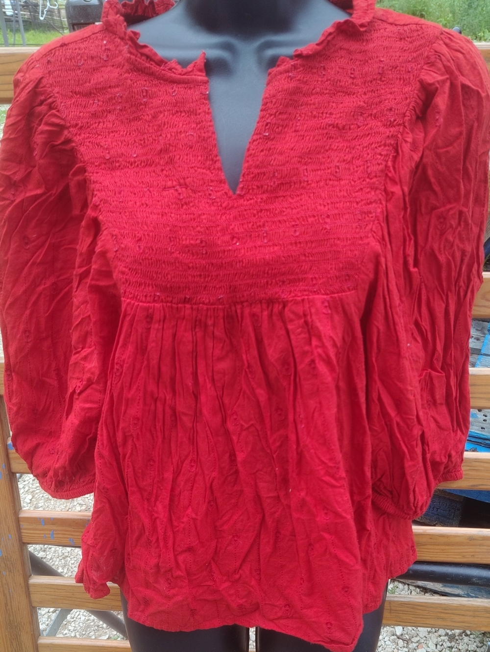 Red Smocked V-Neck Women's Top Vintage Threads Xs